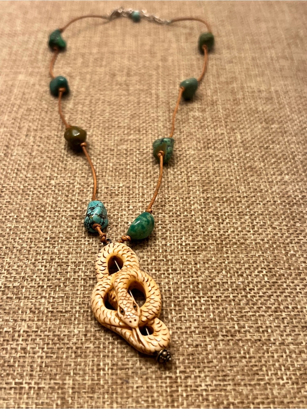 Turquoise Bead Necklace with Carved Snake Pendant - Green-Turquoise
